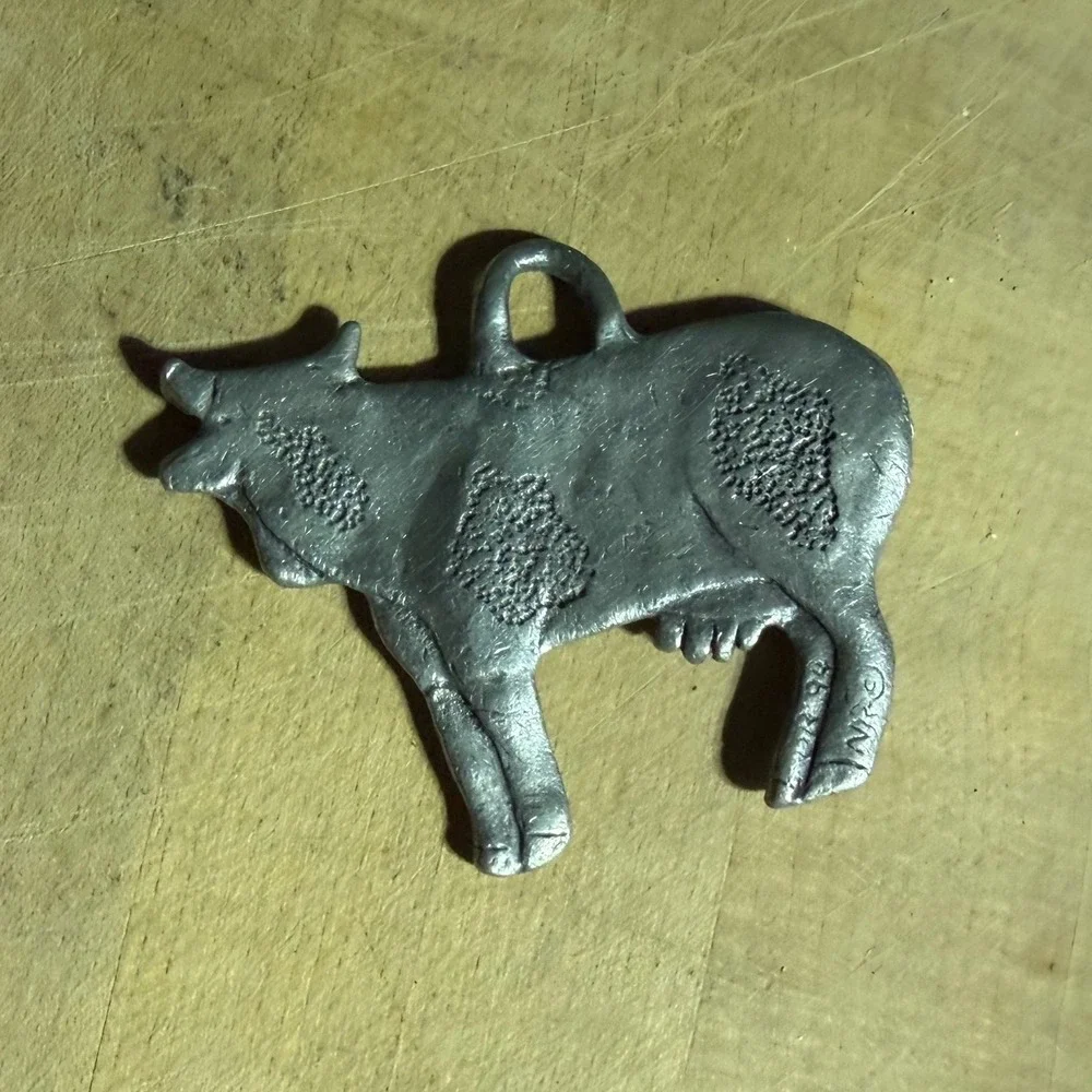 Artist Signed NR DR 94 Cow Pendant Charm Silver Pewter Holstein Farm Animal Gift